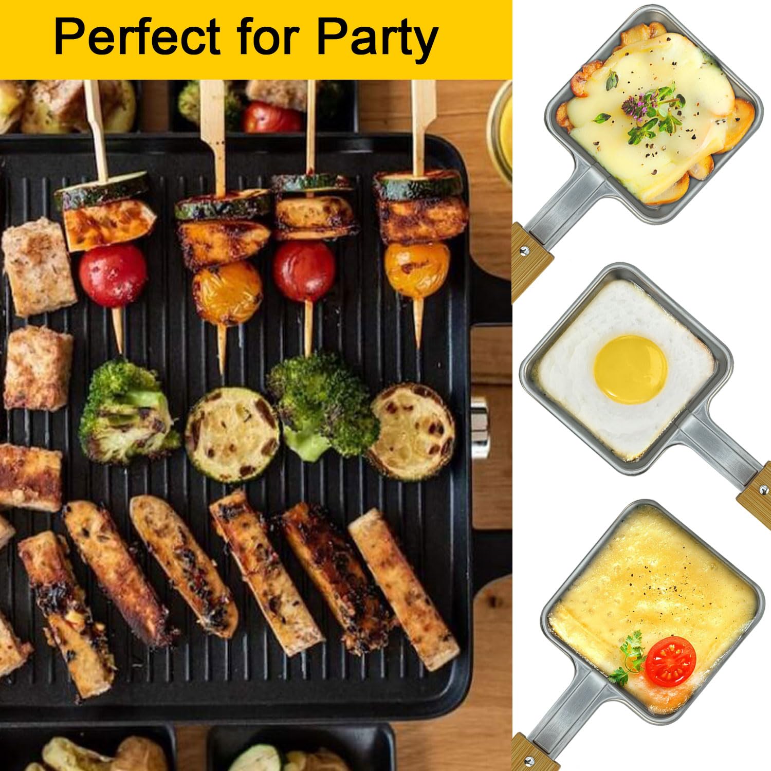 Lot de 4 mini poêles à raclette en acier inoxydable de forme carrée sans revêtement avec poignée en bambou