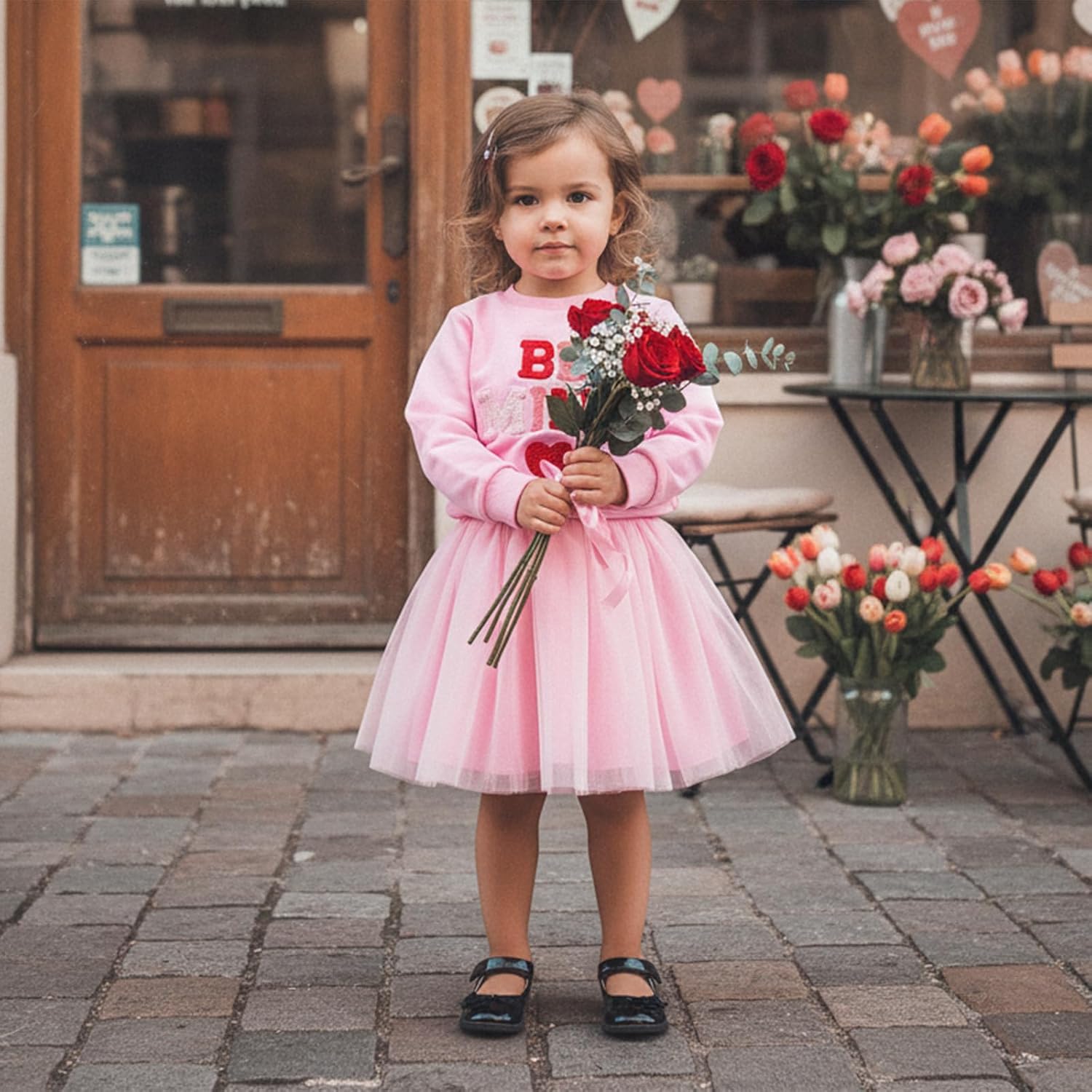 Toddler Valentines Outfit Girl Be Mine Heart Embroidery Sweatshirt Tulle Tutu Dress Girls 2Pcs Pink Skirt Set 1-7Y - Image 2