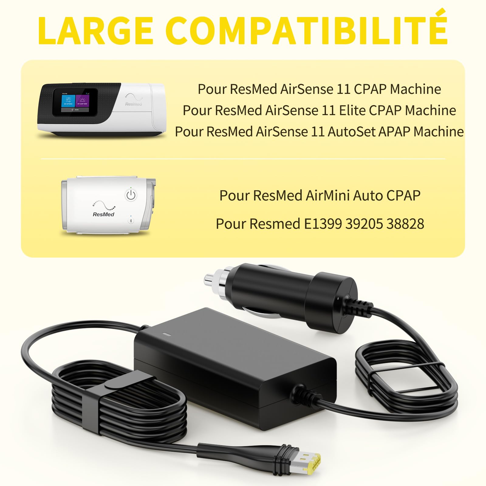 65W Chargeur de Voiture Alimentation pour ResMed AirSense 11, AirSense 11 AutoSet/CPAP/Elite, AirMini Air11 65W 39205 E1399 390010 R390-7230, 12V-24V Chargeur pour Resmed CPAP Machines DC Adaptateur