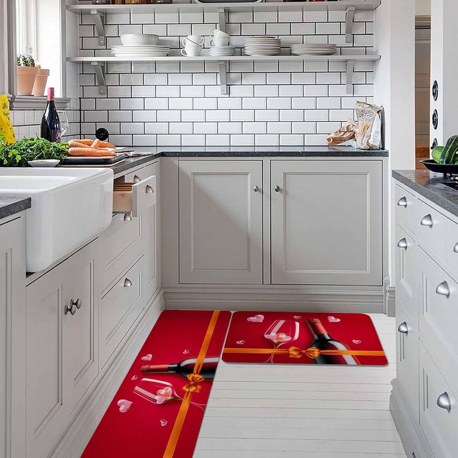 Valentine's Day Kitchen Rugs and Mats Set of 2, Non-Slip Kitchen Sink Mat, Romantic Love Wine Glass Cup Bow Abstract Red Washable Doormat Bathroom Rugs Runner for Bedroom 19.7"x31.5"+19.7"x47.2"