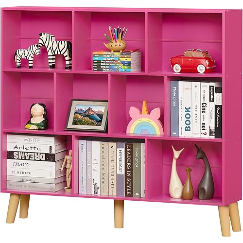 LEYAOYAO 10 Cube Bookshelf,3 Tier Modern Wide Bookcase with Legs,Mid-Century Wood Bookshelves Storage，Pink Large Book Case,Freestanding Organizer Display Shelf for Bedroom,Living Room,Office