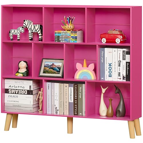 LEYAOYAO 10 Cube Bookshelf,3 Tier Modern Wide Bookcase with Legs,Mid-Century Wood Bookshelves Storage，Pink Large Book Case,Freestanding Organizer Display Shelf for Bedroom,Living Room,Office - 10 Cube with Legs - Pink