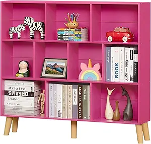 LEYAOYAO 10 Cube Bookshelf,3 Tier Modern Wide Bookcase with Legs,Mid-Century Wood Bookshelves Storage,Pink Large Book Case,Freestanding Organizer Display Shelf for Bedroom,Living Room,Office