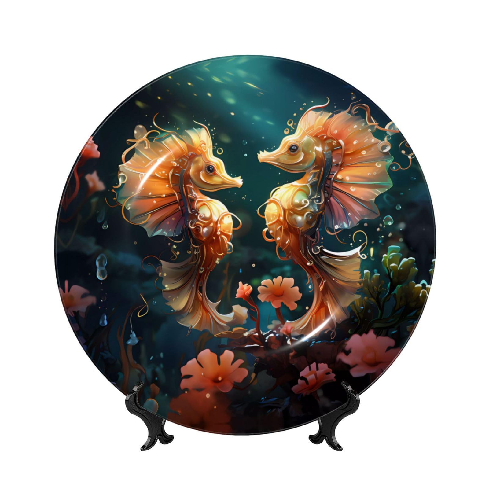 SXZVVBN Beautiful Seahorse Couple Bone China Decorative Plate Art with Stand Removable Adhesive Hanging for Home Office 7in