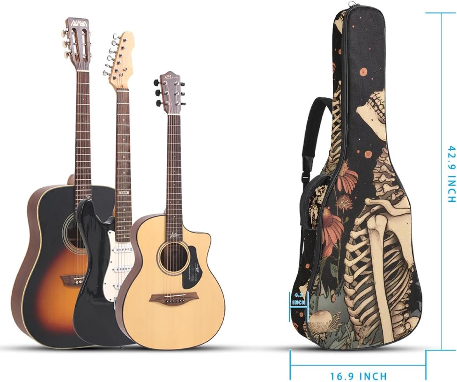 40 41 42 Inch Guitar Bags, Waterproof Padded Acoustic Guitar Case Backpack with Adjustable Shoulder Strap & Pockets, Vintage Skull Mushroom Floral Plant Flower