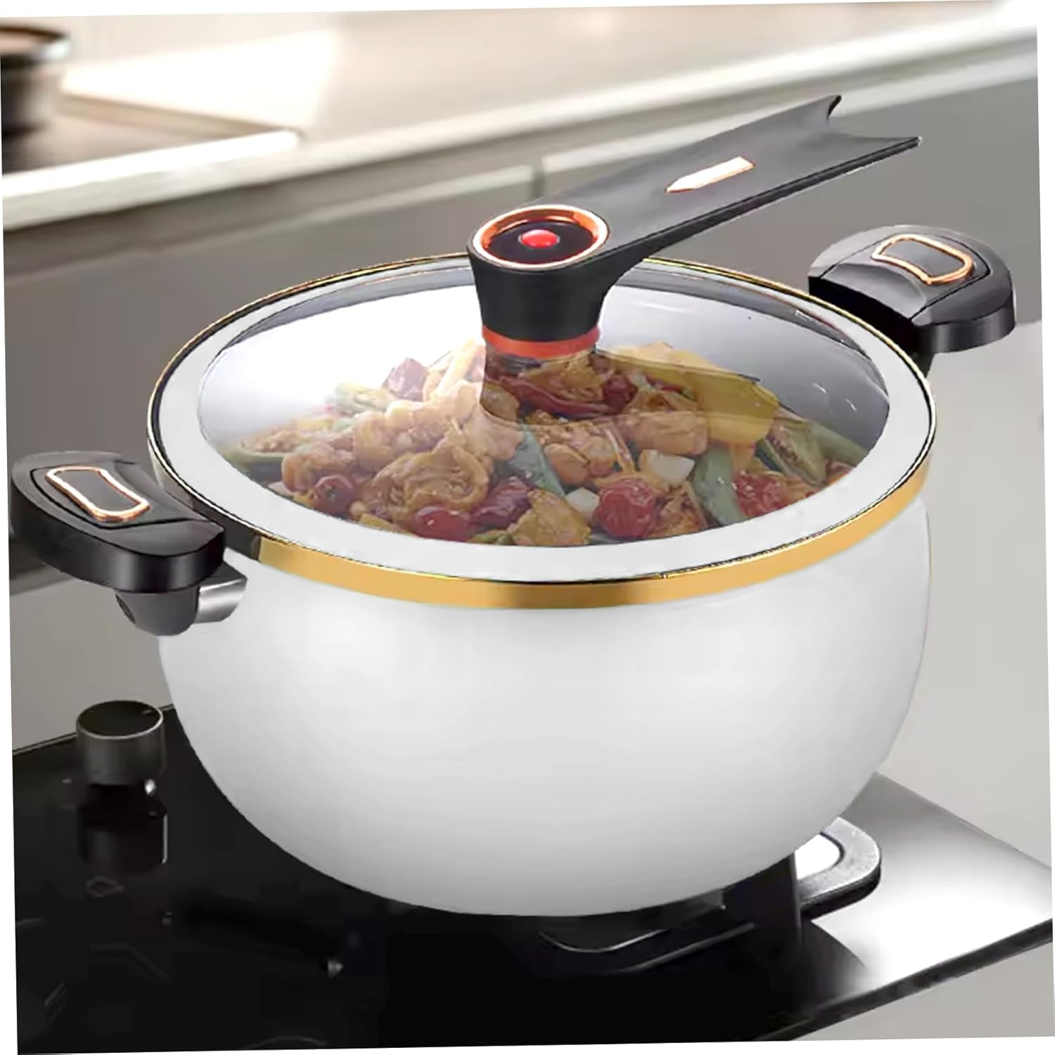 Mini Pressure Cooker, 8L Fast Heating Pressure Pot with Lock Handles, Non-stick Stockpot with Standable See-Through Lid and Spoon for Gas, Induction, Electric Stoves, WhiteMini Cooker