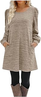 Women's Elegant Round Neck Plain Dresses with Buttons Long Sleeve Short Casual Dress with Pockets Evening Dress Warm Mini Dress Autumn Winter Tunic Dress Loose Blouse Dress Jumper Dress