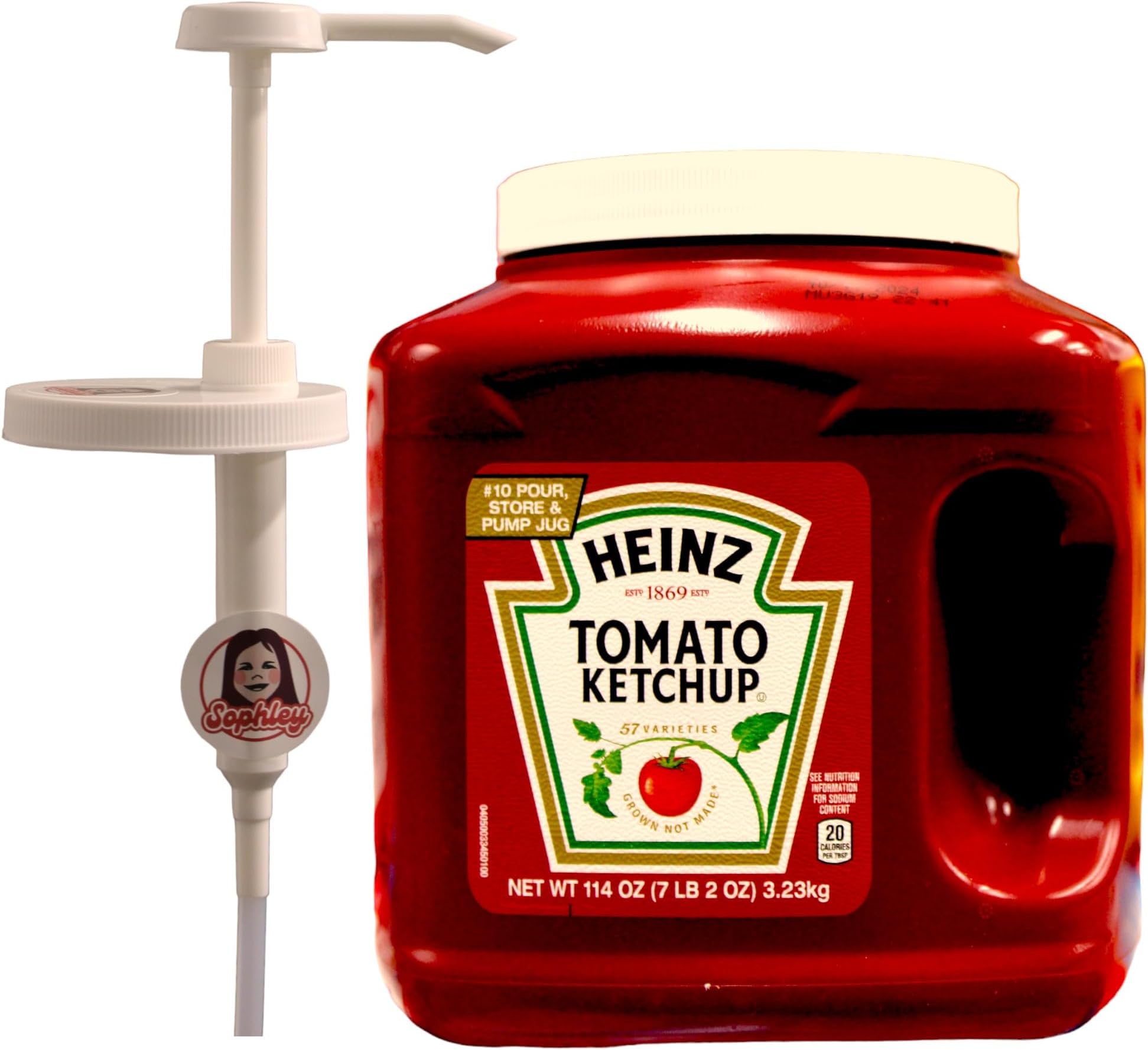 Heinz Tomato Ketchup, 114 oz & a Sophley 1 oz. Condiment Pump Kit with 4 5/16" (110 mm) Screw On Adapter Lid