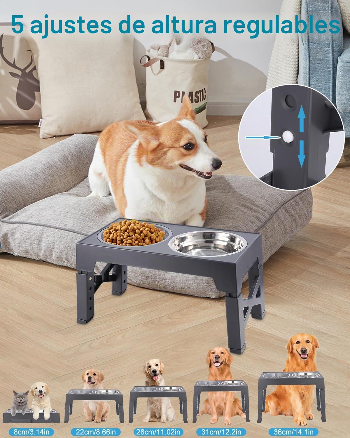 Comedero Elevado para Perro - 5 Alturas Ajustables, 2 Cuencos de Acero Inoxidable, Antivoracidad - para Perros Pequeños, Medianos y Grandes