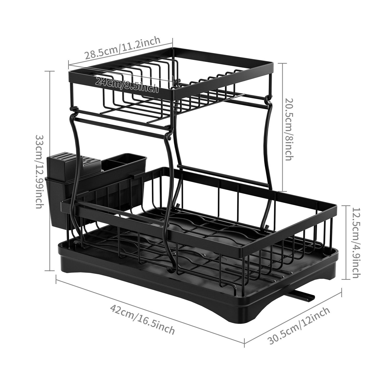 Escurridor de Platos de Dos Niveles con Bandeja y Boquilla giratoria, Porta Cubiertos Desmontable y Organizador de Vasos, para Platos, Cuencos, Vasos y Cubiertos,Negro