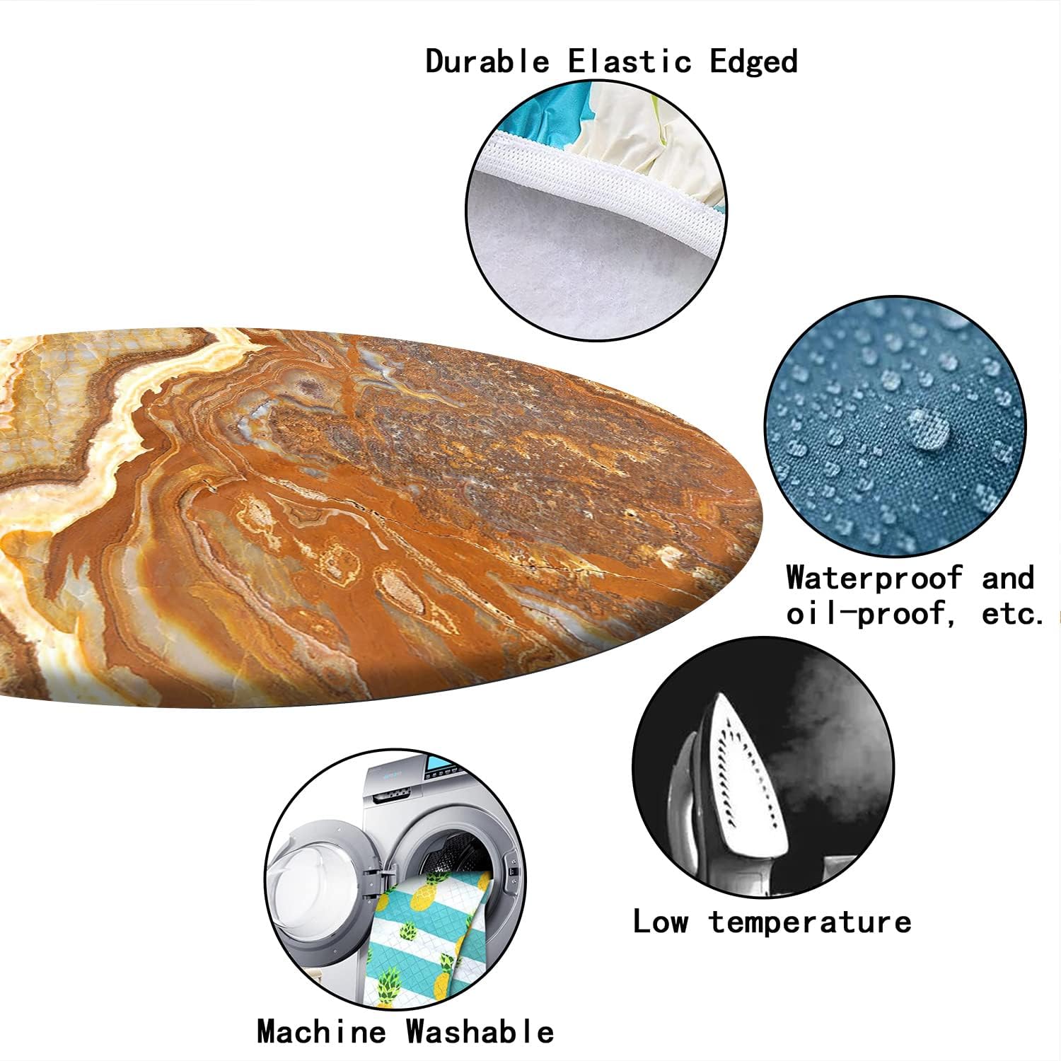 Marble Pattern Round Fitted Tablecloth,Elastic Edge,Suitable for Catering and Kitchen Can Wipe Dining Round Table coverr,for 57" to 68" Round Tables(Cinnamon Earth Yellow)