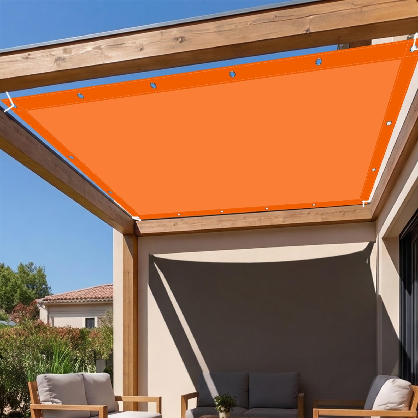 Voile d'ombrage étanche rectangulaire orange 4x5.35m protection solaire extérieur