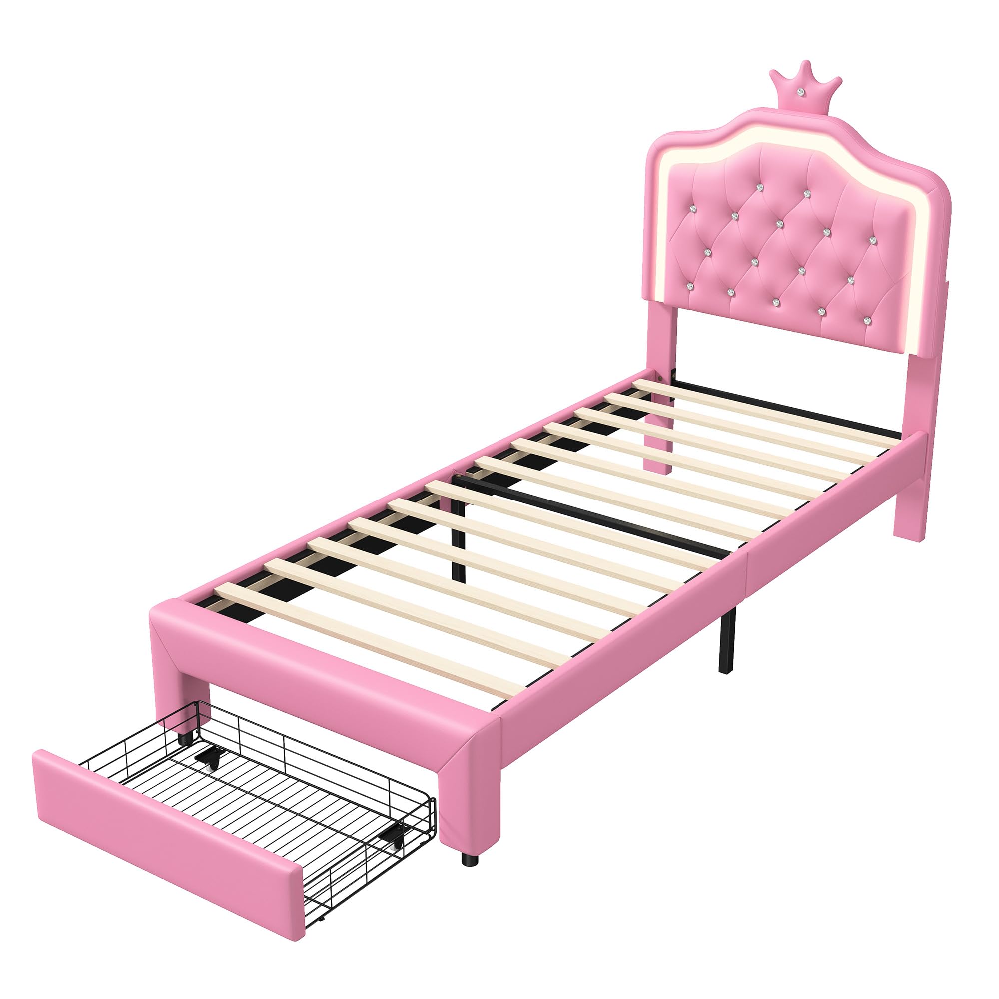 Cama para Niña 90x200 con LED RGB, Regulable en Altura, Cama Individual con contenedor, Cama Infantil, en Forma de Corona, Somier de Láminas de Madera, PU, Sin colchón (Rose-C, 90x200 cm)