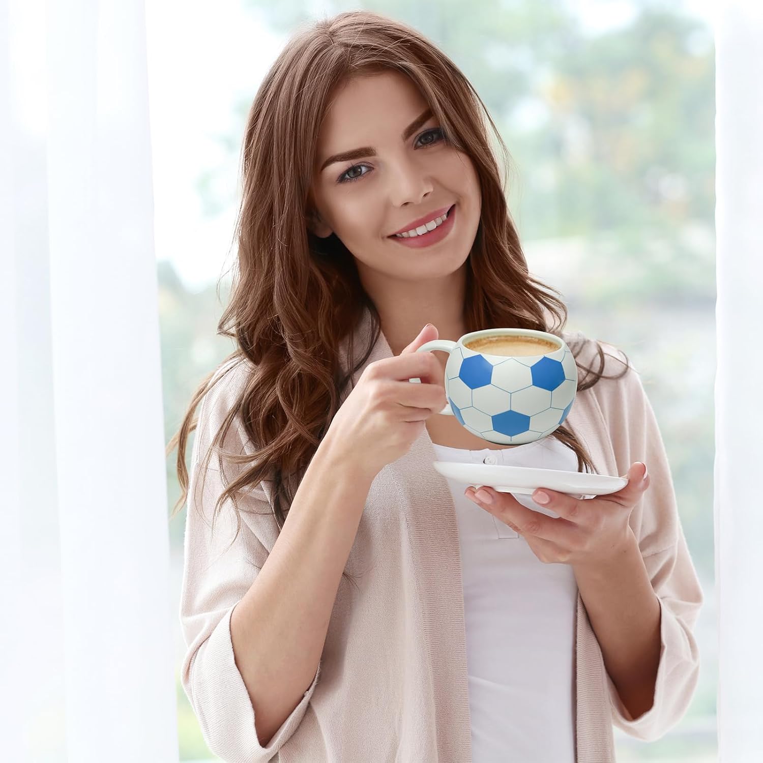 13.5 oz Ceramic Soccer Mug,Football Mugs for Hot Tea, Cappuccino, Mocha, Cocoa, White for Christmas Day (Blue) - Image 4