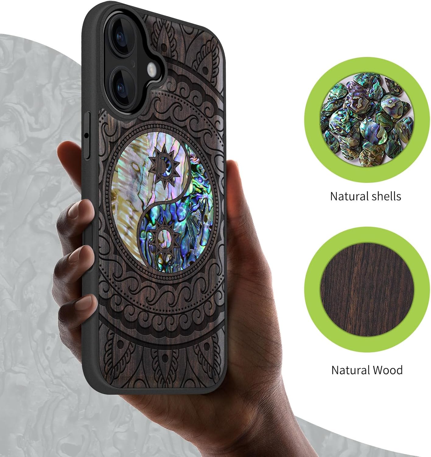 Carveit Magnetic Wooden Case for iPhone 16 Case, Wood Artisan Engraved & Handmade Shell Inlaid, TPU Shockproof Cover, Compatible with MagSafe Wireless Chargers (Yin Yang Paisley) Blackwood