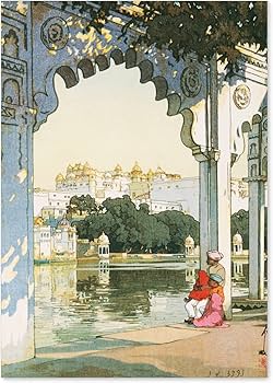 吉田博、【ウダイプールの島御殿】、希少な大判額装用画集より、美品 吉田博、【ウダイプールの島御殿】、希少な大判額装用画集より、美品