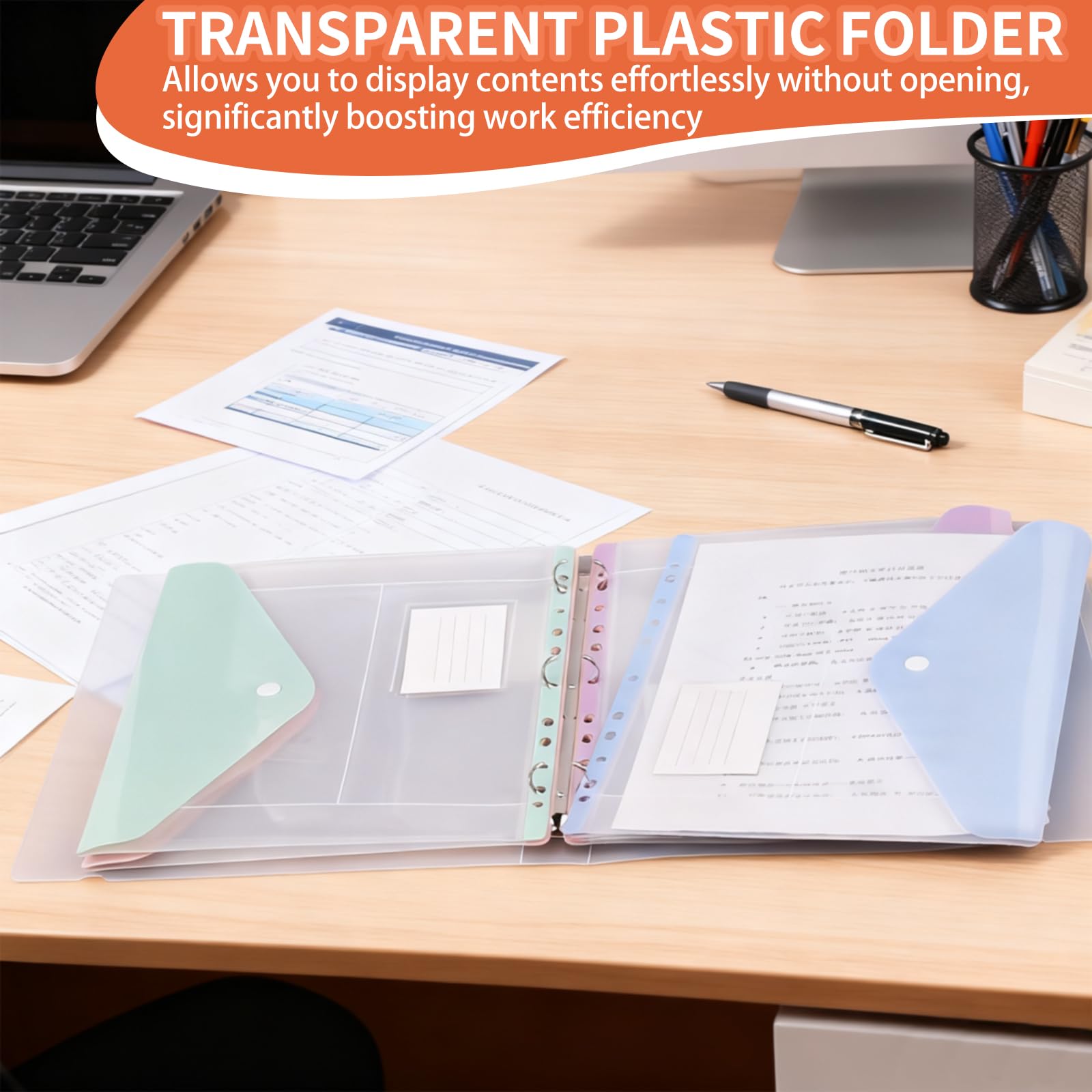 18 PCS Plastic Wallets A4, Punched Pockets Expandable Folders Plastic Document Files with Button Tab Card and 5 Ring Binders for Home Office and School - Image 3