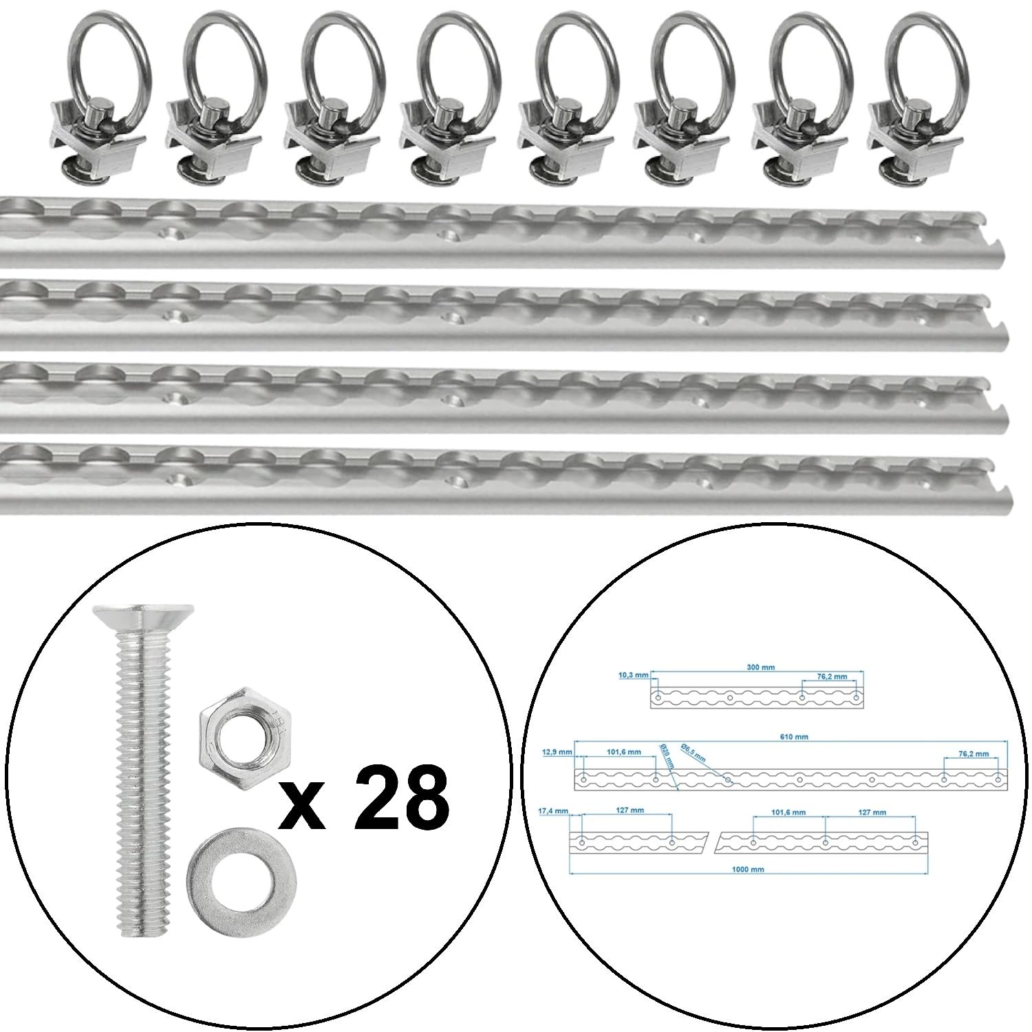 4 STK Airlineschiene 60 cm mit 8 Fittings, Zurrschienen 28 Schrauben | Set inklusive Schrauben, Belastung 8,31 KN bei 30 Grad, 8,59 KN bei 45 Grad Preiswert&Gut