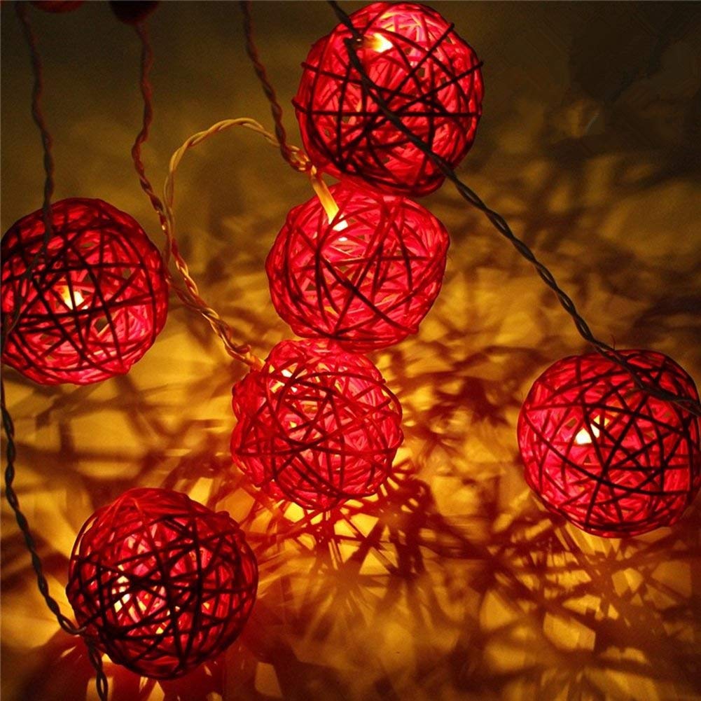 Led String Light，Morbuy Rattan Ball String Lights 20 Balls 2m LED Fairy Light Warm White Light Battery Powered Perfect for Indoor Outdoor Garden Chrismas Festival Party Wedding (Red)