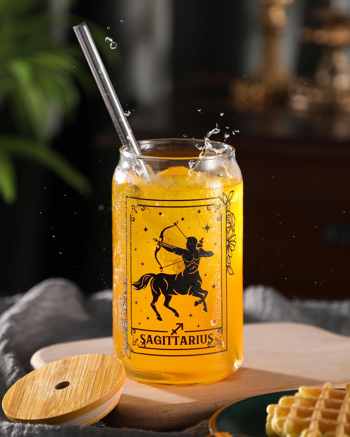 Nefelibata Sagittarius Beer Can Glass 16 OZ Iced Coffee Glass with Lid Metal Straw and Cleaning Brush, Reusable Drinking Glass Cup for Coffee Tea Soda Juice, Zodiac Gifts for Women and Men, Set of 1