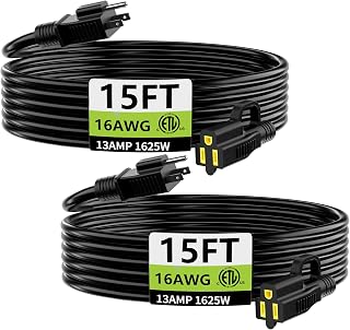 HUANCHAIN Indoor Outdoor Black Extension Cord 15 ft (2pack) Waterproof, 16/3 Gauge Flexible Cold-Resistant Appliance Cable Outside, 13A 1625W 16AWG SJTW, 3 Prong Heavy Duty Electric Cord, ETL