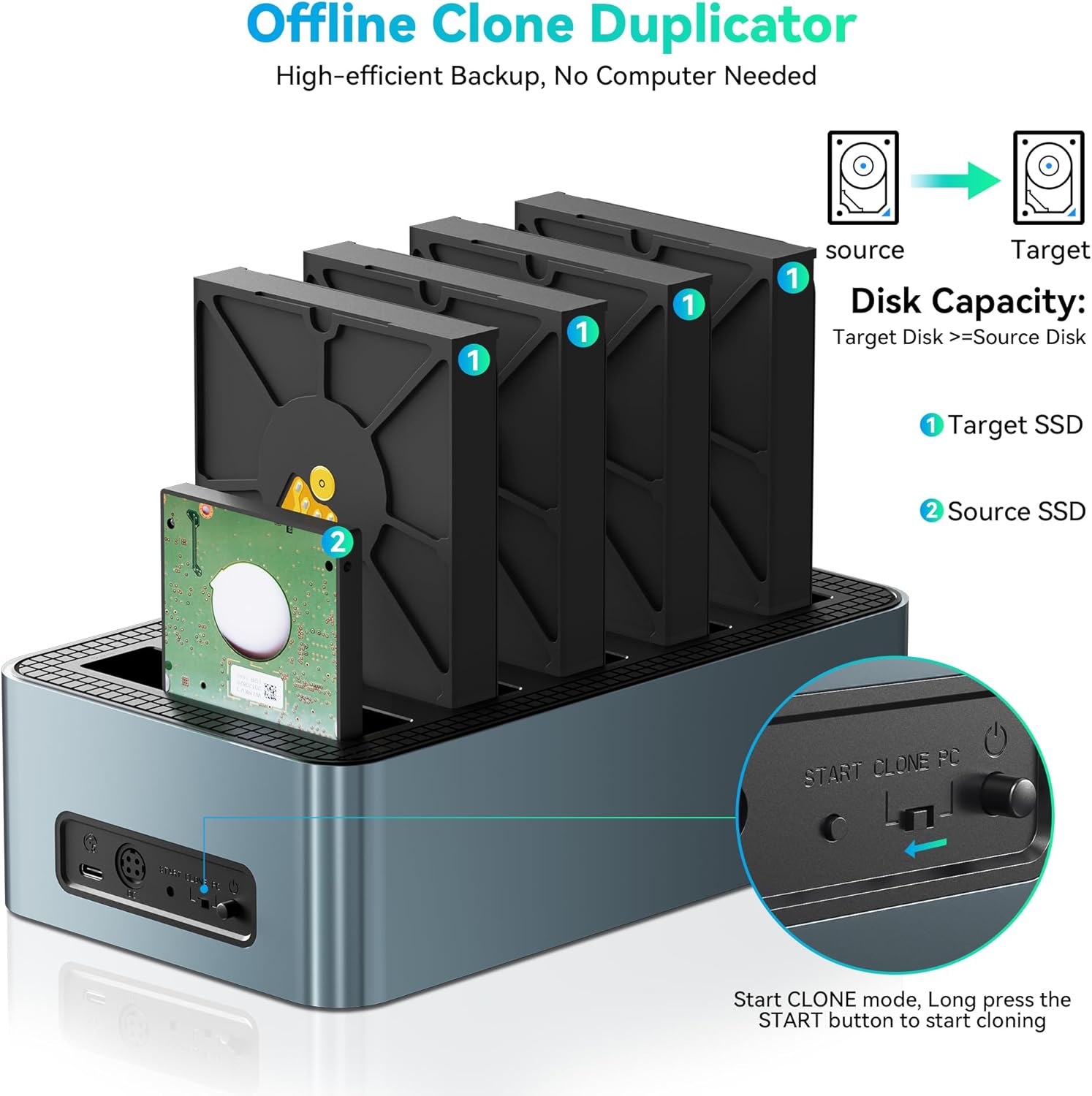 Tool-free installation of a 2.5-inch or 3.5-inch SATA SSD/HDD into the Yottamaster docking station.