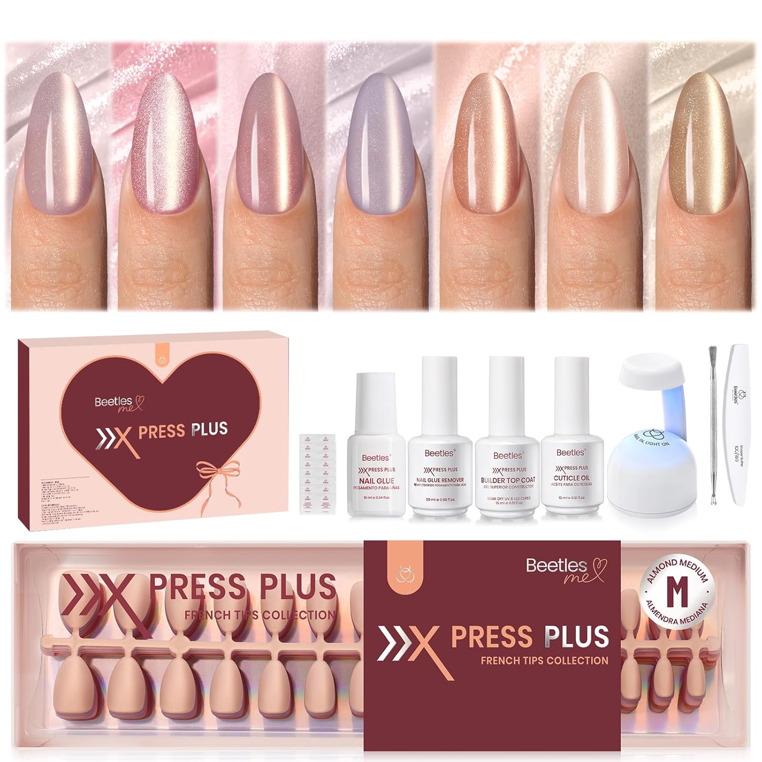 Beetles X Press Cat Eye Nails Kit - 7 Colors Nude Cat Eye Press On Nails Medium Almond | 224Pcs 16 Sizes All-in-One Kit With Nail Glue,Remover,Builder Top Coat,Nail Lamp Gift For Women