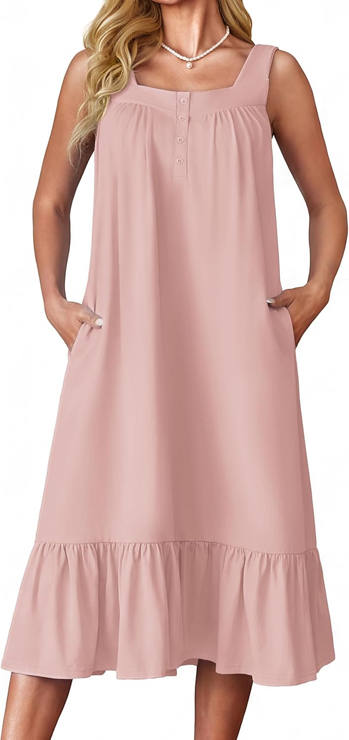 Ekouaer Long Nightgowns for Women Cotton Nightgown Sleeveless Night Shirt Lounge Dress for Women with Pockets Light Pink,L