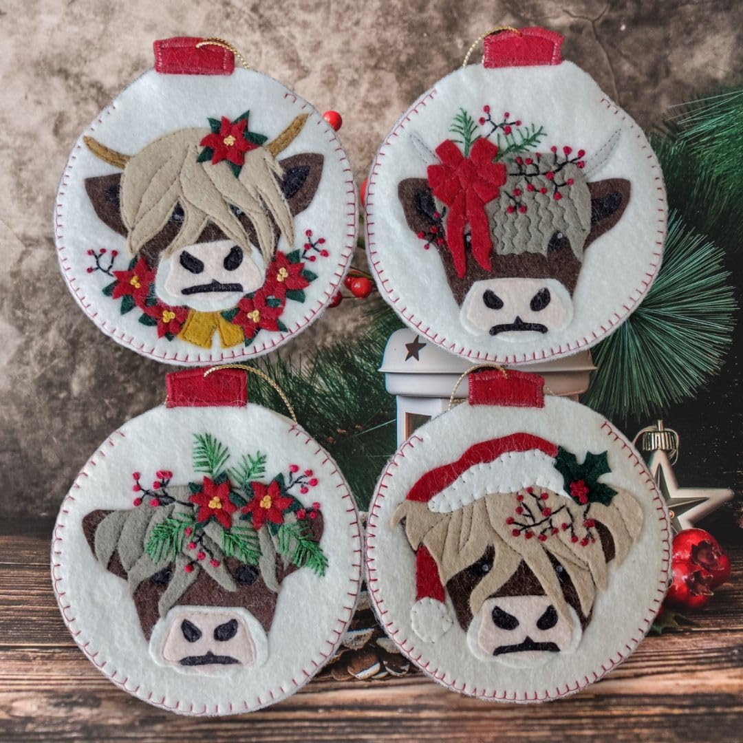 Rachel's Of Greenfield Christmas Cows Ornament Kit, Cute DIY Christmas Ornament, Christmas Crafts for Beginners, Makes Four 4" Ornaments, Cute Highlander Cow Christmas Decor