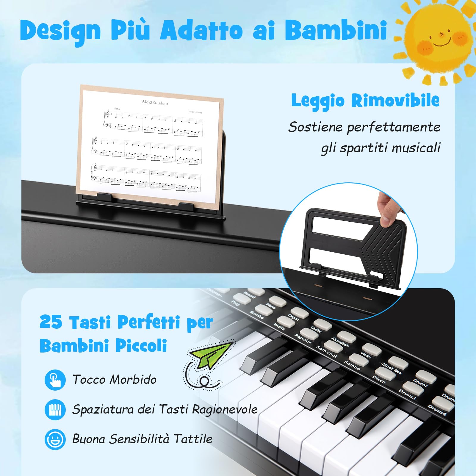 COSTWAY Tastiera Pianoforte per Bambini a 25 Tasti, Mini Pianoforte Digitale Giocattolo, con Velocità e Volume Regolabili, Tasto Luminoso e Leggio Rimovibile, per Ragazzi 3+ Anni (Nero)