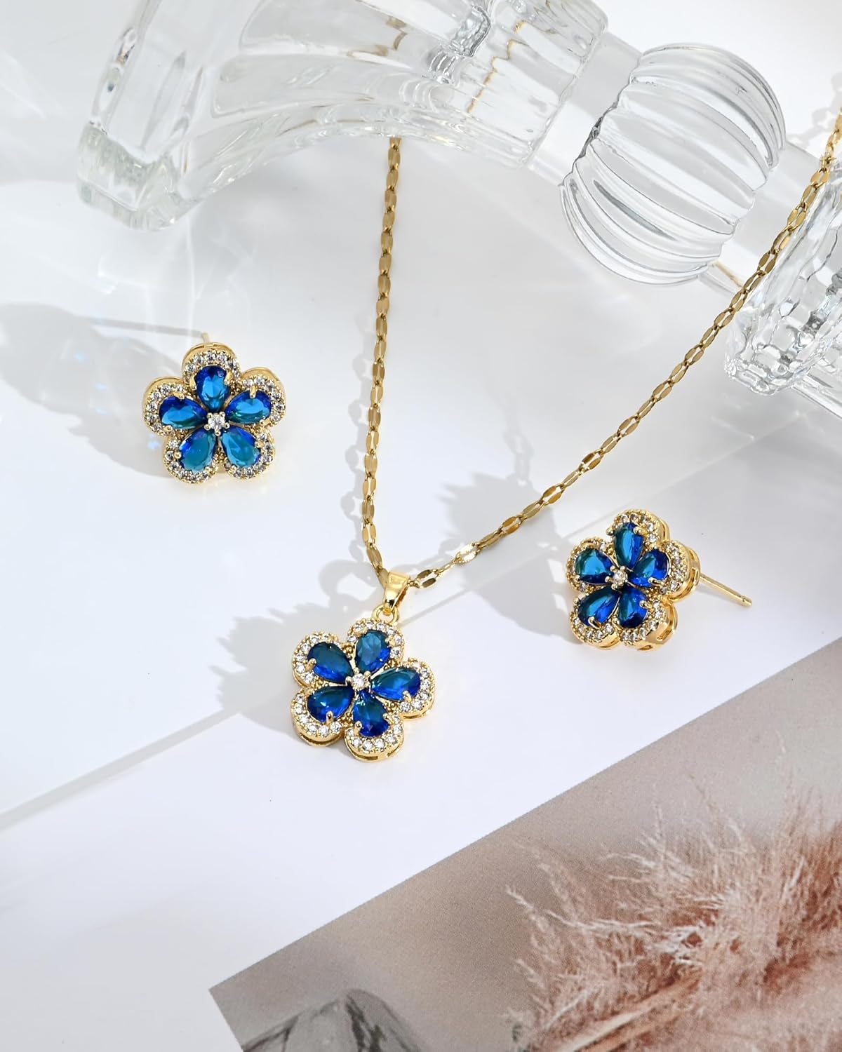 Sapphire Flower Jewelry Set for Women 14K Gold Plated Necklace and Earrings Adjustable Chain Dainty Blue Floral Gift for Her