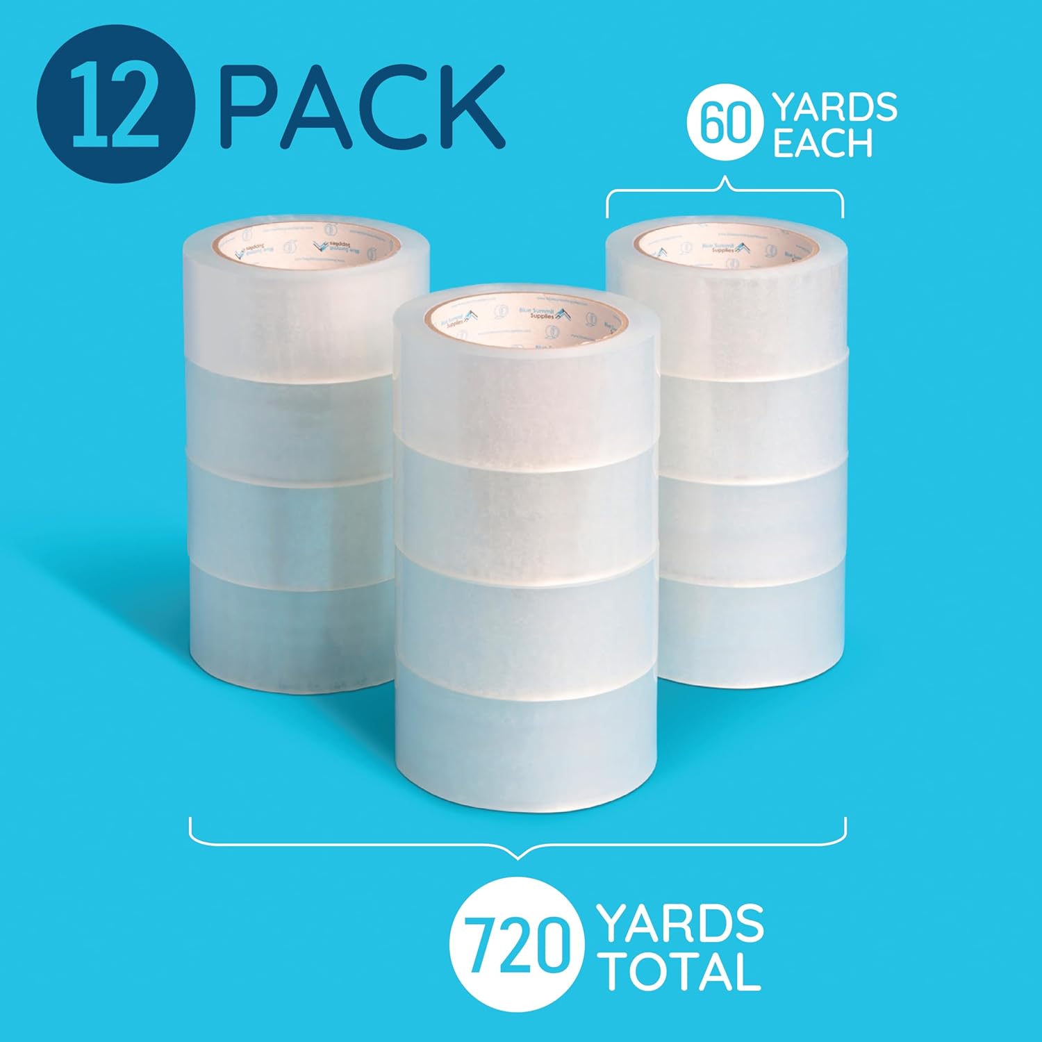 Blue Summit Supplies Clear Packing Tape Refills Bulk, 12 Pack, Heavy Duty Packaging Tape Rolls, 2 Inch Wide for Moving Boxes, Shipping, Sealing, 2.7mil Thick, 60 Yard Length, 720 Total Yards