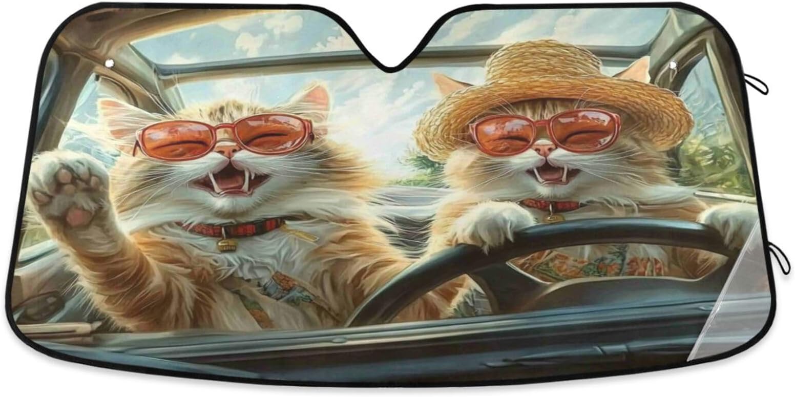 Dussdil White Cat Driving Car Windshield Sunshades Sun Shade Reflective UV Rays Protector Keep Your Vehicle Cool Visor Cover Foldable for Car Truck SUV Front Window 53X24 inch