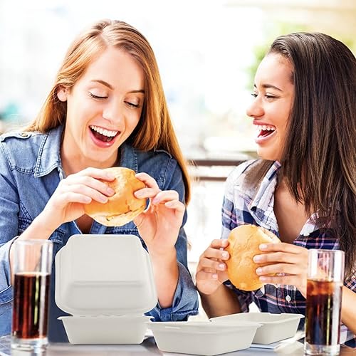 Miniatura 4 de Clamshell - Recipientes de alimentos, paquete de 100 recipientes con bisagras, caja de comida desechable de bagazo para llevar, caja de hamburguesas