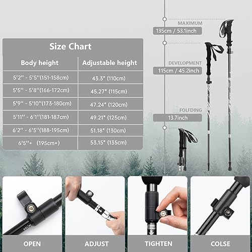 Miniatura 4 de BISINNA Bastones de senderismo plegables de aleación de aluminio, 2 unidades, ligero, ajustable, plegable, para hombres Wowen, bastones con sistema