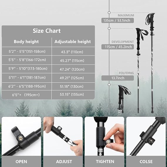 BISINNA Hiking Poles Collapsible Trekking Poles Aluminum Alloy Hiking Sticks 2 pc Lightweight Adjustable Folding Stick for Wowen Men Walking Sticks with Quick Lock System