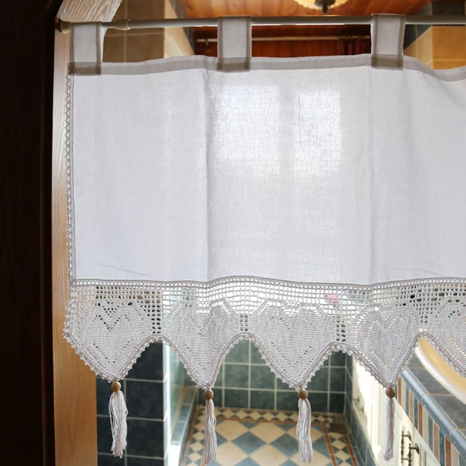 Zasłony 1 sztuka krótkie do jadalni, szerokość 150 cm, zakładka top | Jednokolorowy z frędzlami, bawełna o wyglądzie lnu, przepuszczająca światło, beżowo-biała, 150 x 60 cm