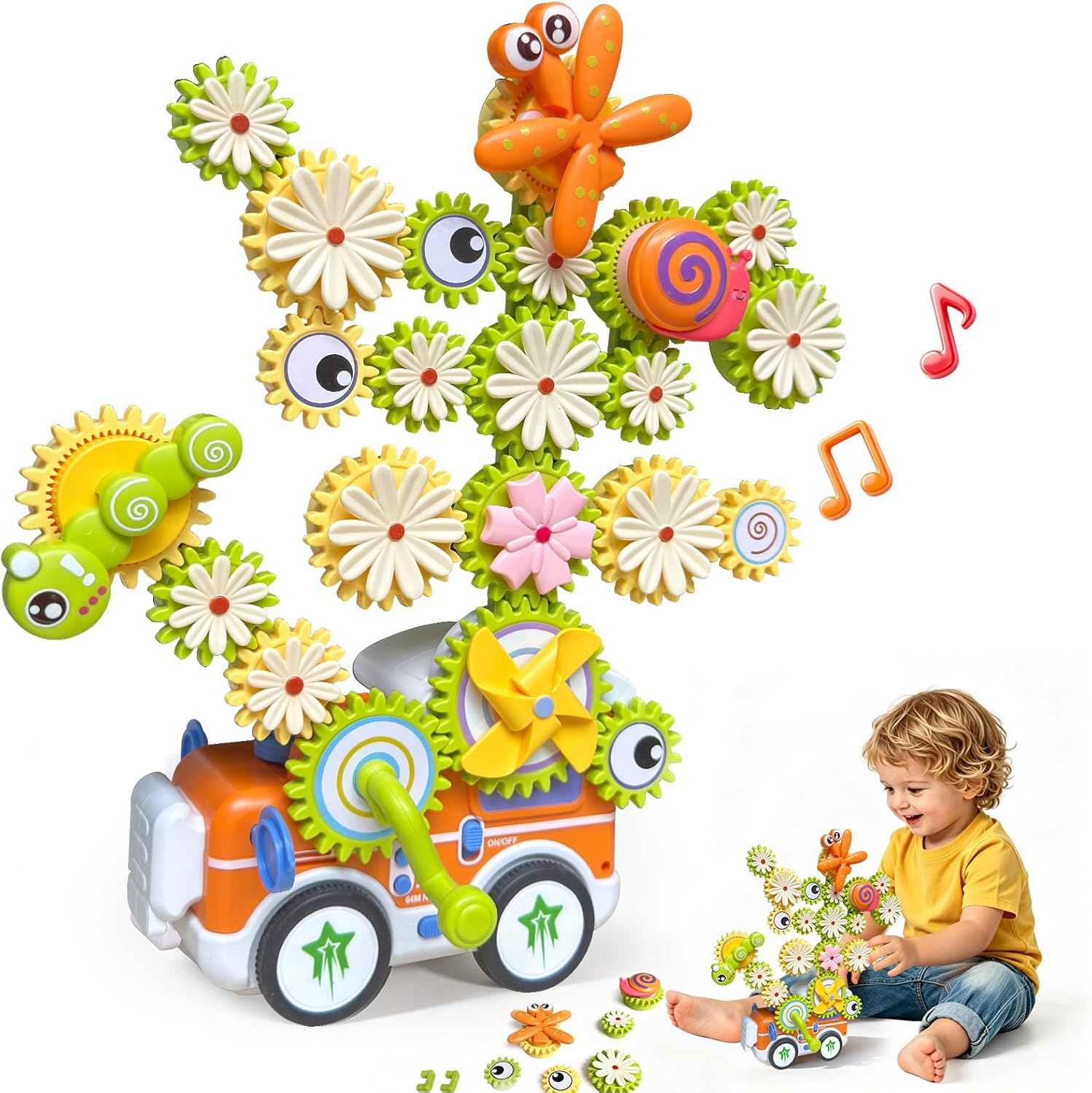 Montessori Toys, Toddler Musical Train Set with Gears, Orange | Musical electric train with DIY rotating gears, flower and insect parts for STEM play, sensory fun and gifts ages 3-12.