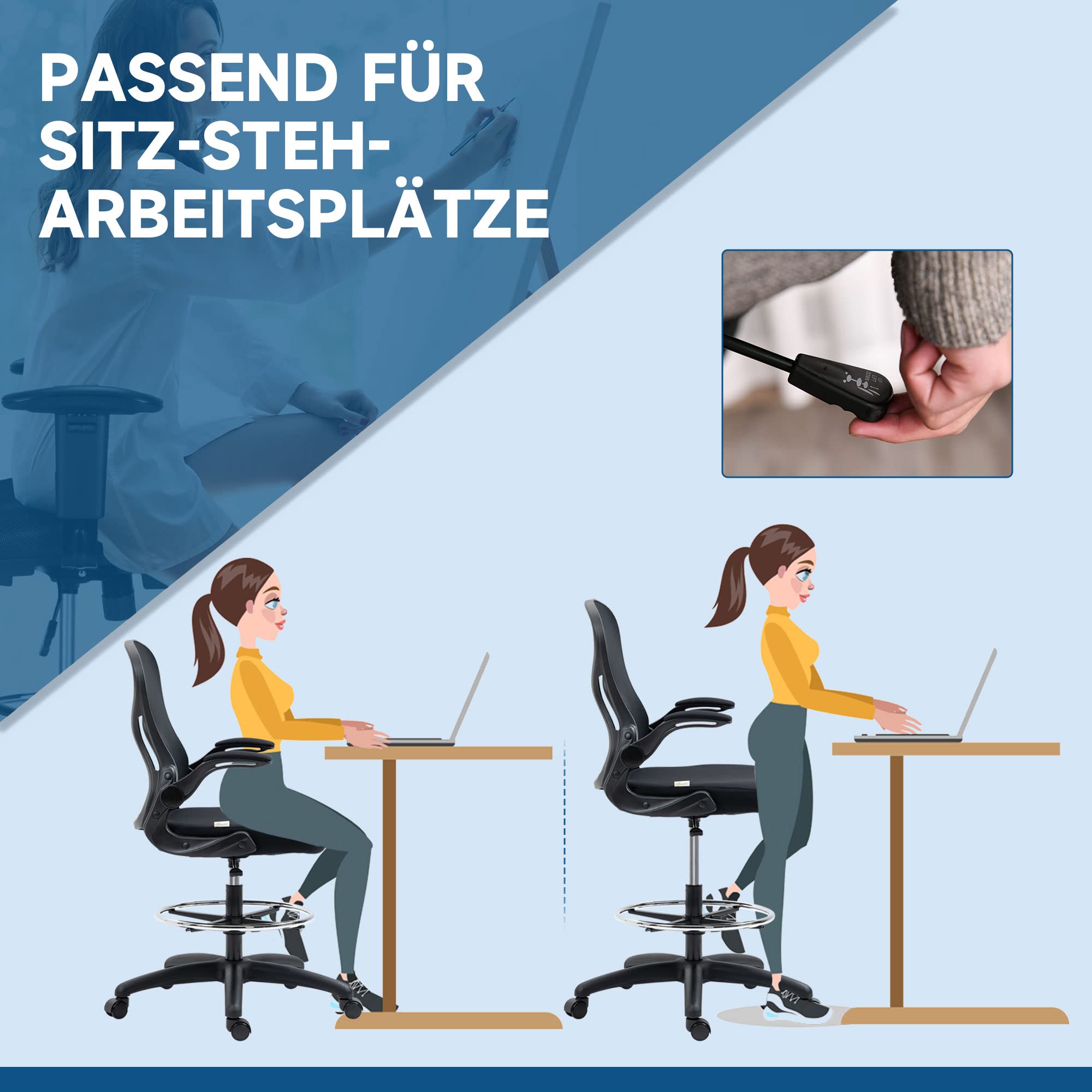 Vinsetto Bürostuhl Ergonomischer Zeichenstuhl 102-122 cm Schwarz | Mit Verstellbarem Fußring, Drehstuhl, Höhenverstellbarer Arbeitsstuhl, mit Rollen, Lendenwirbelstütze