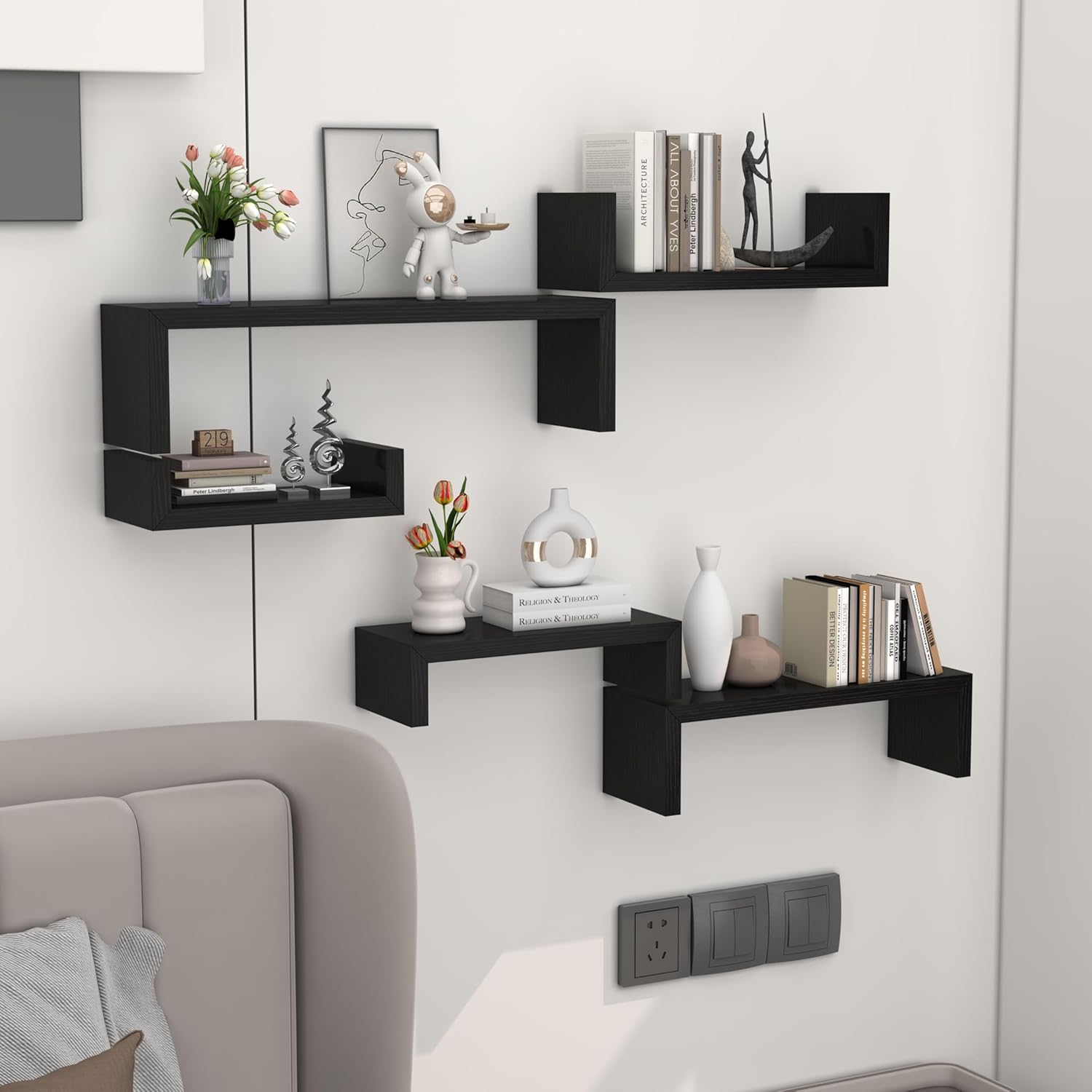 Black Floating Shelves for Wall Shelf for Bedroom, Waterproof Solid Wood Floating Shelves Bathroom，Small Relief Textures, Suitable for Bedroom, Living Rooms, Kitchens, Office, and Bathroom
