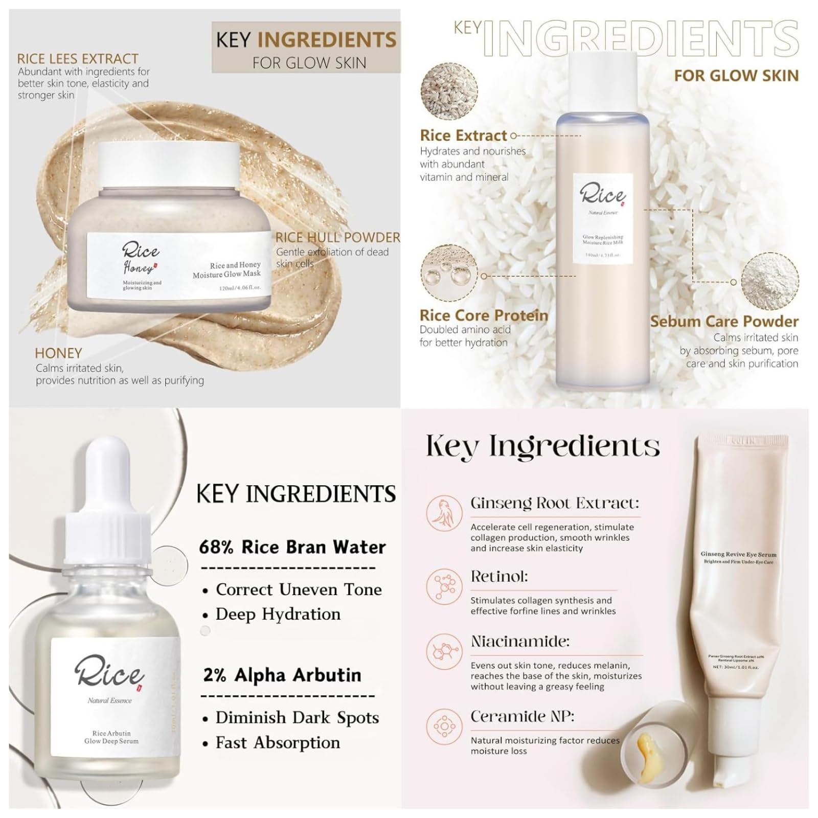 Rice Skin Care Set, Glass Skin Care Kit with Ground Rice & Honey Glow Mask, Rice Milk Toner, Arbutin Serum, Ginseng Eye Serum - Image 3