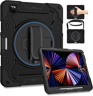 حافظة لجهاز ايباد برو 12.9 الجيل السادس 2022 مع شاشة حماية للاطفال شديدة التحمل مضادة للصدمات مقاس 12.9 انش الخامس والرابع والثالث مسند 360 درجة وحامل قلم رصاص من روسروم مطاط بولي كربونات سيليكون أسود