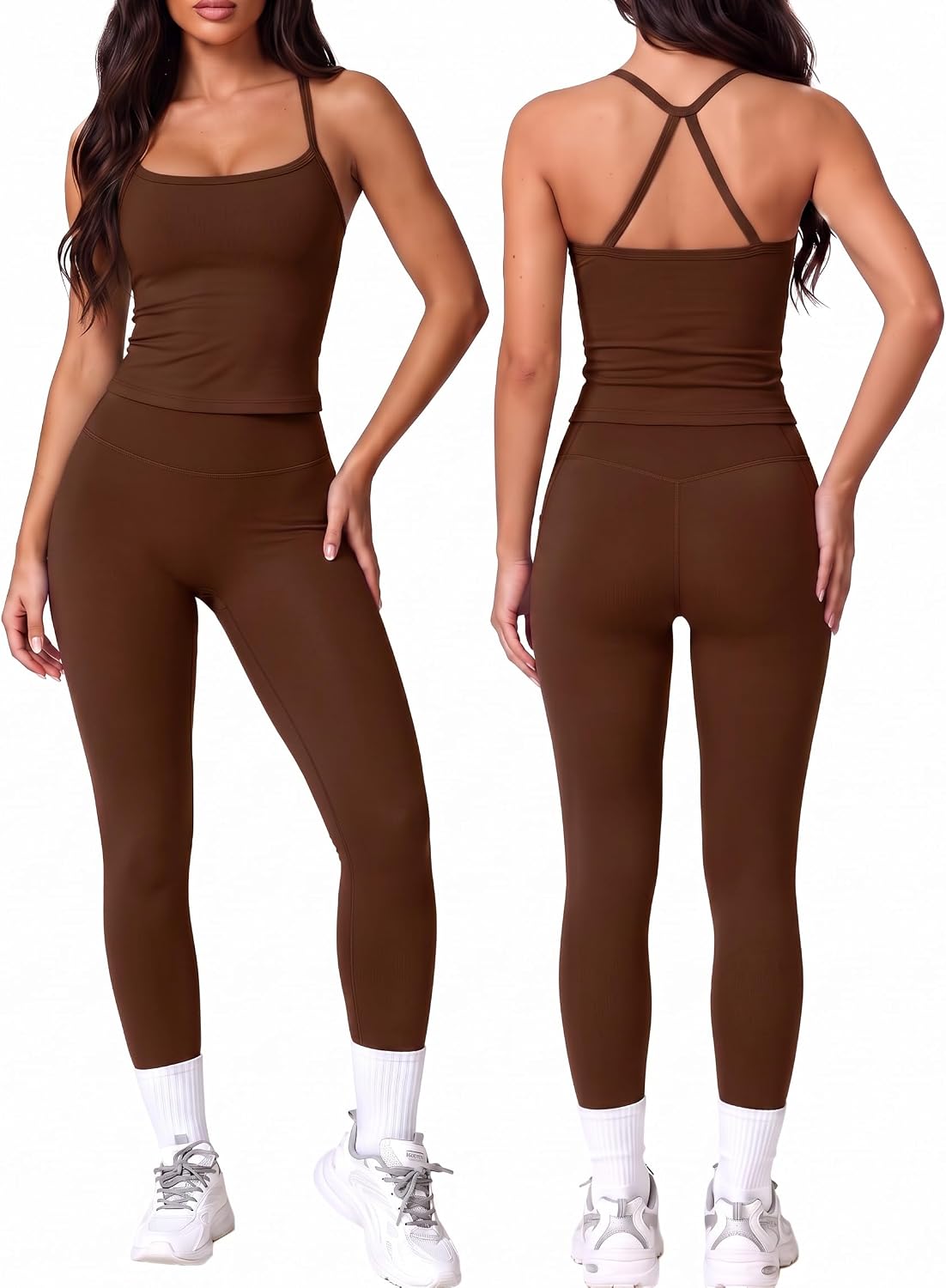 Coume Womens 2 Piece Workout Sets Cross Back Tank Top Built in Bra High Waist Legging Matching Set Seamless Yoga Gym Outfits
