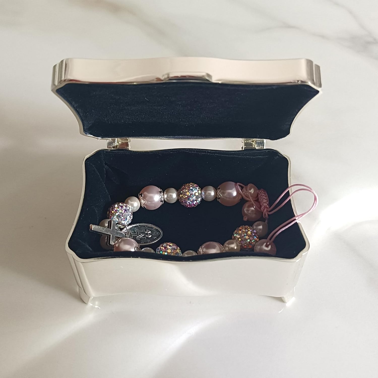 Personalized Small Rectangle-Shaped Jewelry Keepsake Box with Custom Engraved Name and Cross for Baptism Gifts for Girl, Silver Toned