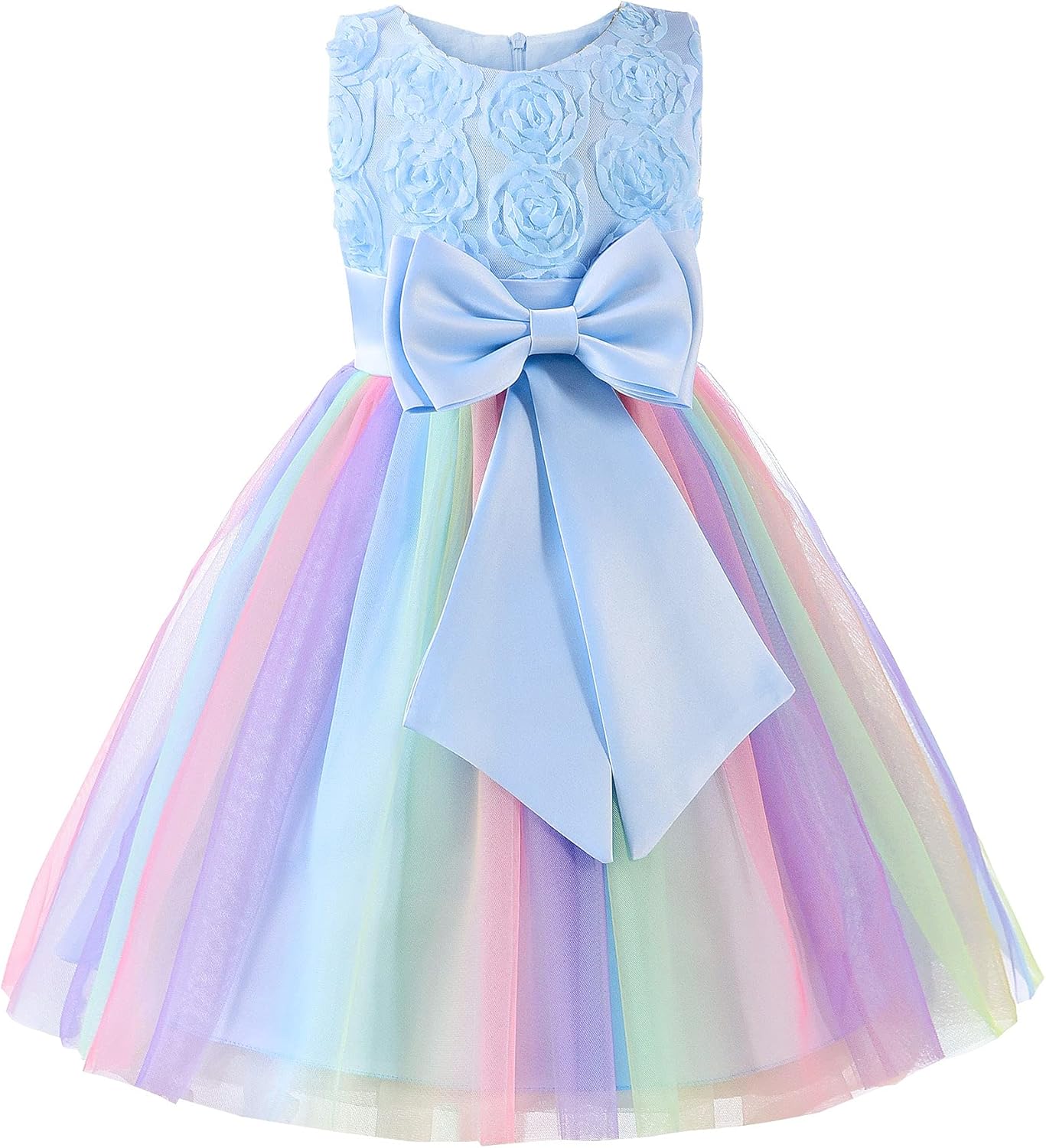 Uhnice Little Girl's Sleeveless Tulle 3D Flower Rainbow Dress for Wedding Party