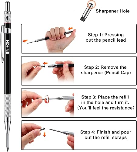 Miniatura 6 de Enhon Juego de lápices de carpintero mecánico de 0.079 pulgadas con 12 recambios de marcadores y sacapuntas, herramienta de marcado de carpintería