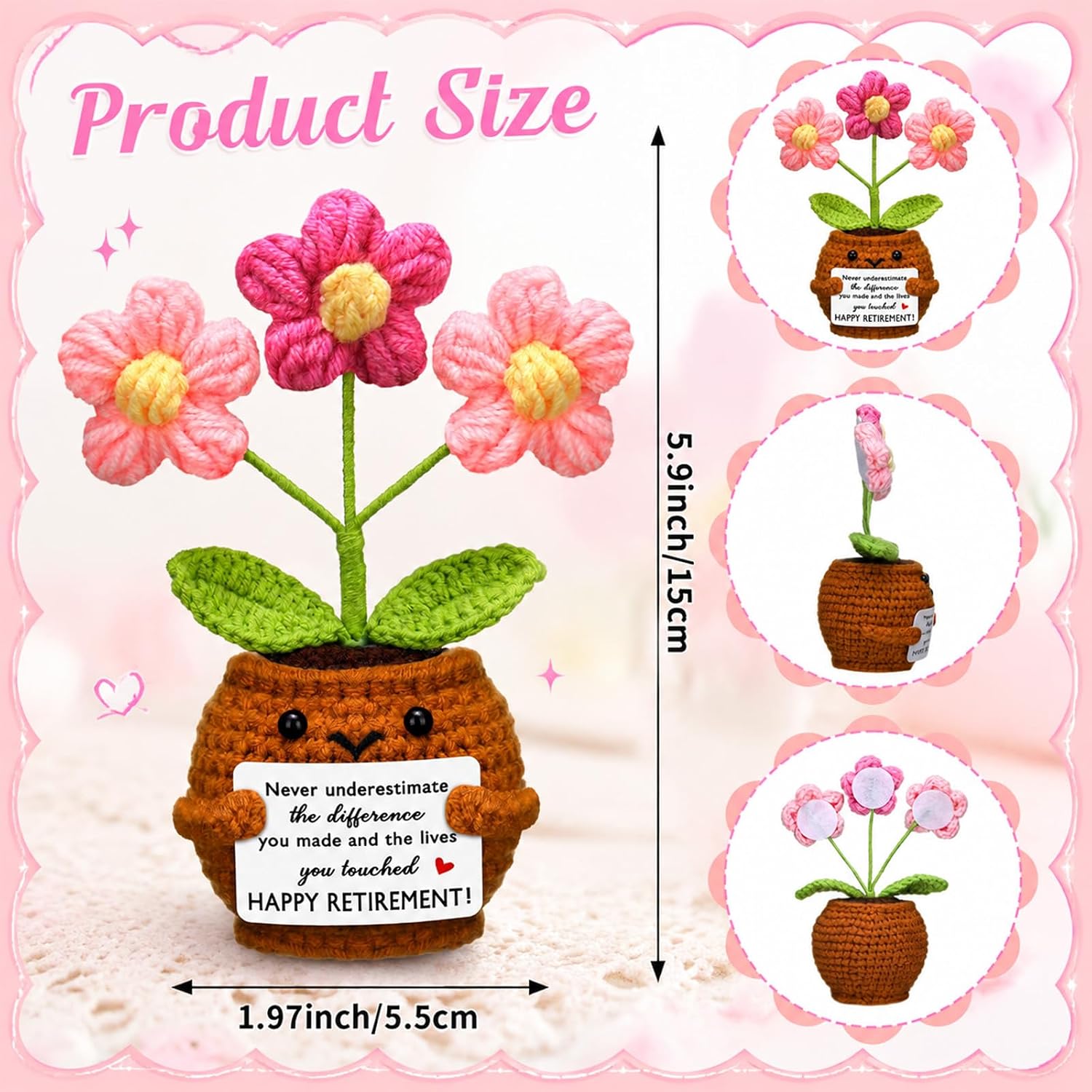 Yinder Happy Retirement Gifts, Crochet Flower, Touched, Pink Red