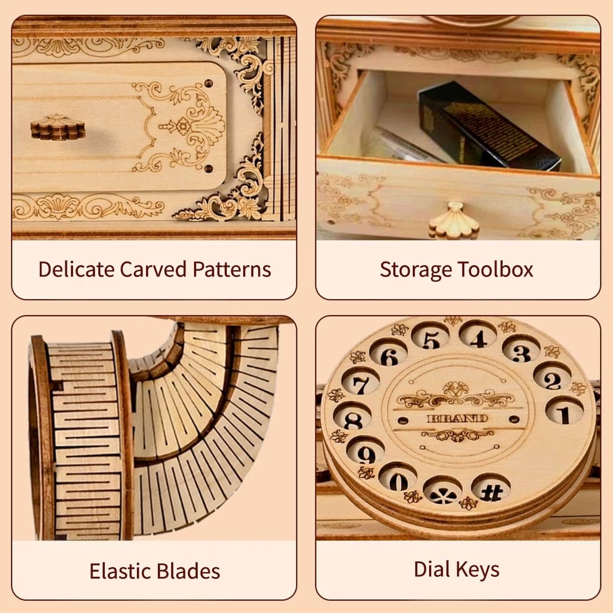 Drewniane puzzle 3D dla dorosłych, telefon retro 3D, zestaw do montażu, drewniane puzzle 3D, styl vintage, model telefonu, steampunk, telefon stołowy 3D, puzzle, drewno, zabawka, zestaw na