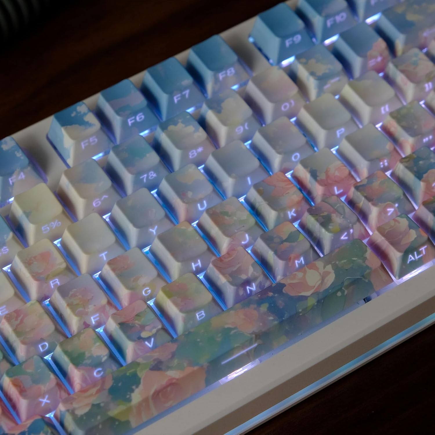 Rose Theme Side Print Shine Through PBT Keycap, Orange & Blue & Pink Custom Cherry Keycap for Mechanical Gaming Keyboard, 131 Keys, Dye Sublimation, MX Structure