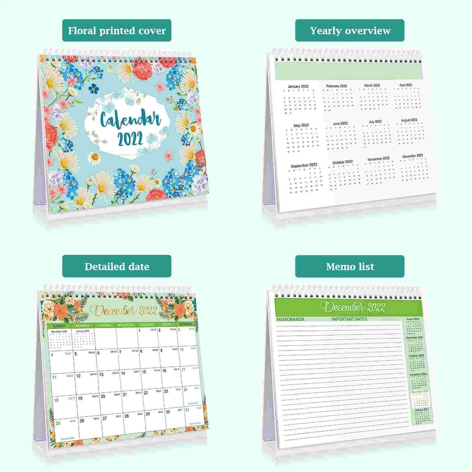 QINGGANGLING999 Bürokalender Floraler Desktop-Kalender 2022 Jan.-Dez. Stehender Schreibtischkalender Twin-Wire Gebundener Kalender Planer for Home Office School Tischkalender Wochenplaner